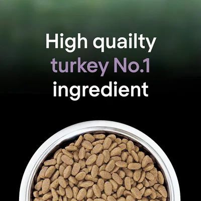 High quality turkey No.1 ingredient shown above a bowl of dry pet food.