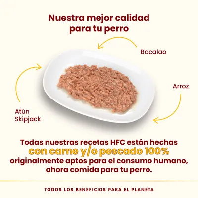 Nuestra mejor calidad para tu perro. Atún Skipjack, bacalao y arroz. Todas nuestras recetas HFC están hechas con carne y/o pescado 100% aptos para consumo humano, ahora comida para tu perro.