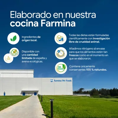 Farmina Pet Foods: ingredientes de cultivo local, cantidad limitada de espelta y avena ecológicas, dietas desarrolladas científicamente sin pruebas en animales, solo conservantes 100% naturales.