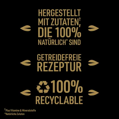 Текст на немецком: hergestellt mit zutaten, die 100% natürlich sind; getreidefreie rezeptur; 100% recyclable. Примечания: plus vitamine & mineralstoffe, natürliche zutaten.