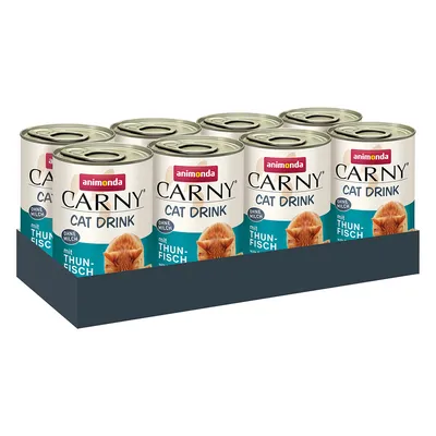 Animonda Carny Cat Drink s tuňákem, bez mléka. Produktový obrázek ukazuje osm plechovek v balení.