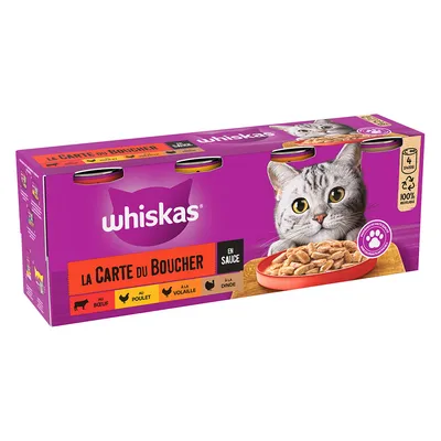Emballage Whiskas La Carte du Boucher en sauce, 4 x 100 g, au bœuf, au poulet, à la volaille, à la dinde. Visuel d’un chat gris et d’une assiette de nourriture. 100 % recyclable.