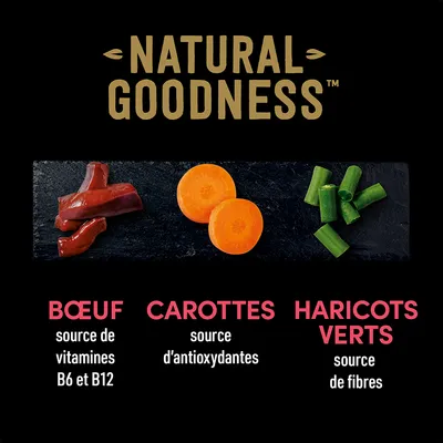 NATURAL GOODNESS. Bœuf source de vitamines B6 et B12, carottes source d’antioxydantes, haricots verts source de fibres.