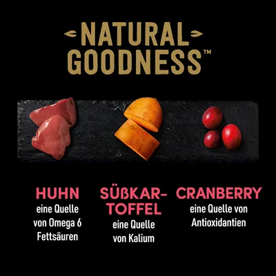 Natural Goodness: курица, источник омега-6 жирных кислот; батат, источник калия; клюква, источник антиоксидантов.