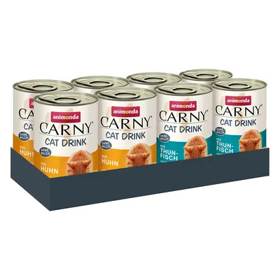 Animonda Carny Cat Drink, bez mléka, druhy: s kuřecím a s tuňákem. Balení ukazuje několik plechovek v černém držáku.