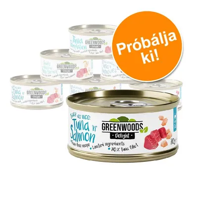 Greenwoods Delight macskaeledel konzerv, látható felirat: 'Próbálja ki!', 70 g, ízek: Tuna n' Salmon, Tuna Temptation, látható hal- és húsdarabokkal.