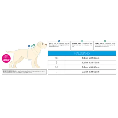 Maattabel voor hondenhalsbanden: XS 1,0 cm x 22-35 cm, S 1,5 cm x 28-45 cm, M 2,0 cm x 34-55 cm, L 2,5 cm x 39-62 cm. Meetinstructies voor borst, onder- en bovenhals.