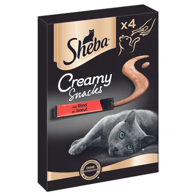 Sheba Creamy Snacks x4, mit Rind au bœuf, sans sucre ajouté ni arômes artificiels, image d’un chat gris sur l’emballage.