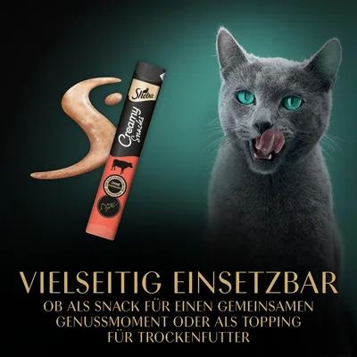 Sheba Creamy Snacks. Vielseitig einsetzbar: als Snack für Genussmomente oder als Topping für Trockenfutter. Ohne künstliche Farb- und Konservierungsstoffe.
