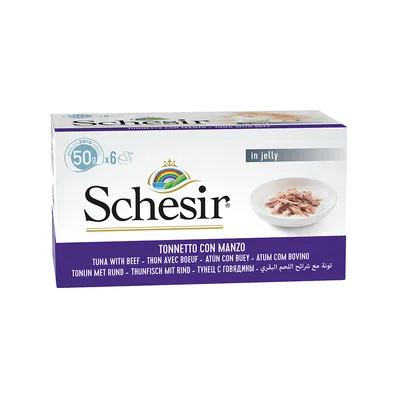 Schesir thon avec bœuf en gelée, lot de 6 x 50 g. Texte visible : Tonnette con manzo, in jelly, thon avec bœuf. Image d’un bol avec morceaux de thon et bœuf.