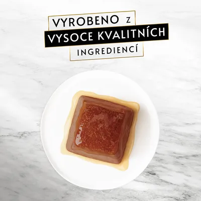 Text v češtine: VYROBENO Z VYSOCE KVALITNÍCH INGREDIENCÍ. Na tanieri je porcia mäsového krmiva v želé.
