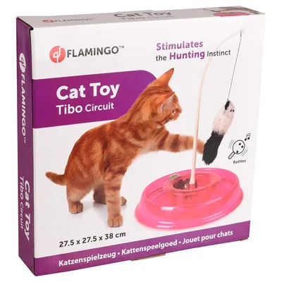 Flamingo Cat Toy Tibo Circuit, Katzenspielzeug mit Rassel und Jagdinstinkt-Stimulation. Masse: 27,5 x 27,5 x 38 cm.