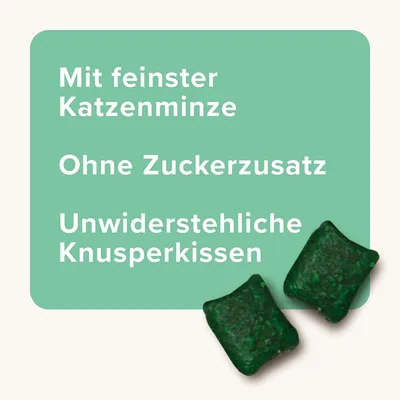 Testo in tedesco: Mit feinster Katzenminze, Ohne Zuckerzusatz, Unwiderstehliche Knusperkissen. Due snack verdi a forma di cuscinetto visibili.