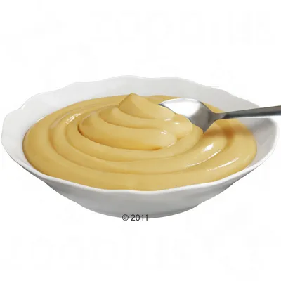 Schale mit cremigem, hellgelbem Brei und einem Löffel darin.