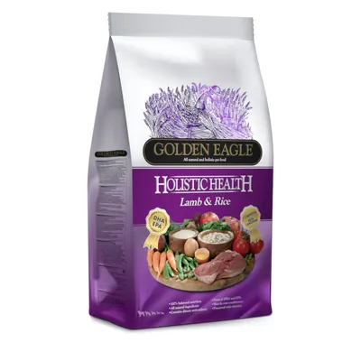 Sac de croquettes Golden Eagle Holistic Health Lamb & Rice, visuels d’ingrédients (agneau, riz, légumes), mentions DHA EPA et calcium, texte en anglais sur la nutrition équilibrée.