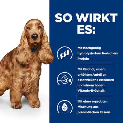 So wirkt es: Mit hochgradig hydrolysiertem tierischem Protein, Fischöl mit essentiellen Fettsäuren und hohem Vitamin-E-Gehalt, sowie einer erprobten Mischung aus präbiotischen Fasern.