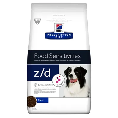 Hill's Prescription Diet Food Sensitivities z/d Original hundefoder, billede af sort-hvid hund, tekst: Clinical Nutrition, ActivBiome+, S+OX SHIELD. Hypoallergenic synlig på emballagen.