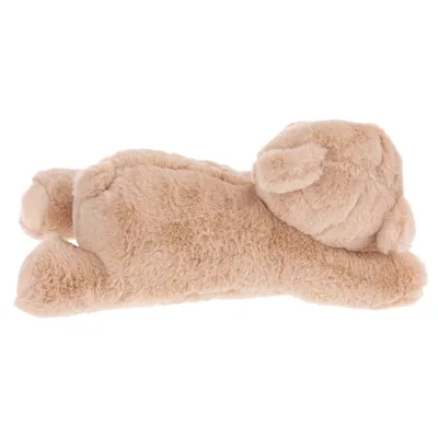 Plüschspielzeug in Form eines liegenden Hundes, beige und weich.