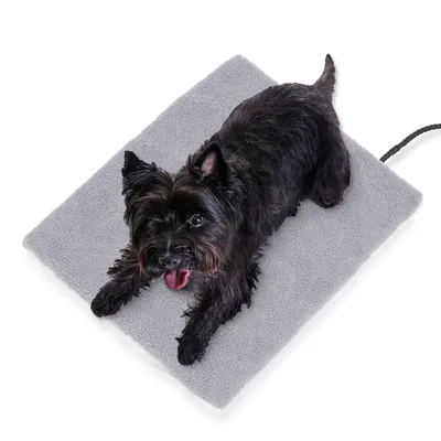 Schwarzer Hund liegt auf einer grauen beheizbaren Matte mit Stromkabel, geeignet für Wärmeunterstützung.