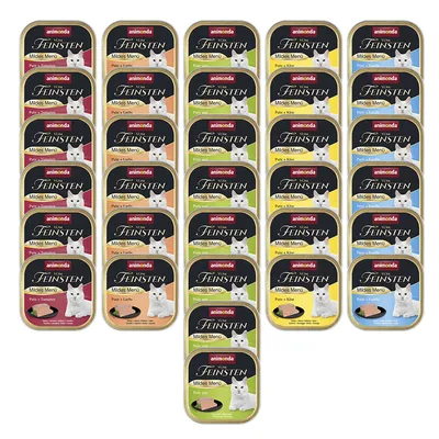 Animonda Vom Feinsten Mildes Menü Katzenfutter, verschiedene Sorten: Pute & Tomate, Pute & Lachs, Pute pur, Pute & Käse, Pute & Forelle. Packung mit mehreren Dosen.