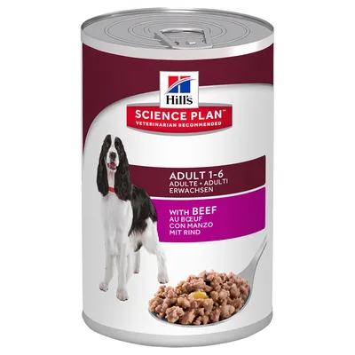 Boîte Hill's Science Plan Adult 1-6 au bœuf pour chien, texte visible : 'VETERINARIAN RECOMMENDED', 'WITH BEEF AU BŒUF', image d'un chien adulte et pâtée en gros plan.