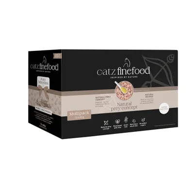 catz finefood Pure Selection Multipack 12 x 85 g, Natural Prey Concept, Mono Protein, getreidefrei, ohne Zuckerzusatz, entwickelt mit Tierärzten, nährstoffreiche Öle und Fette.
