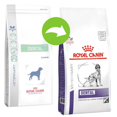 Royal Canin Veterinary Dental -koiranruokapakkausten uudistus: vanha ja uusi pakkaus vierekkäin, näkyvissä tekstit DENTAL, CANINE, MEDIUM & LARGE DOGS, M/L, VETERINARY DIET.
