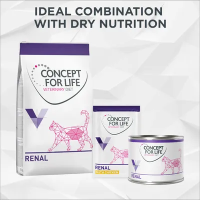 CONCEPT FOR LIFE VETERINARY DIET RENAL per gatti, confezioni di crocchette, bustina 'RENAL WITH CHICKEN' e lattina. Testo in inglese: 'Ideal combination with dry nutrition'.