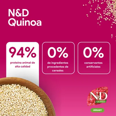 N&D Quinoa: 94% proteína animal, 0% ingredientes de cereales, 0% conservantes artificiales. Urinary.