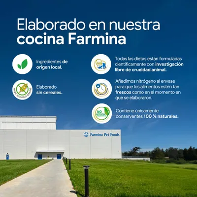 Elaborado en la cocina de Farmina con ingredientes locales, sin cereales, desarrollado científicamente sin pruebas en animales, solo conservantes naturales, frescura garantizada gracias al envasado en nitrógeno.