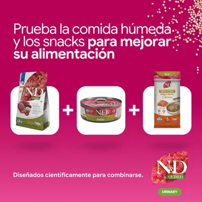 N&D Quinoa Urinary pienso, comida húmeda y Skin & Coat Cream Snack. Prueba los alimentos húmedos y los snacks para mejorar la nutrición. Desarrollados científicamente para combinarse.
