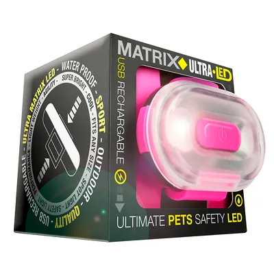 Luz LED recargable USB MATRIX ULTRA para mascotas, color rosa, en su caja. Texto visible: 'Ultimate pets safety LED', 'water proof', 'sport outdoor', 'super bright', 'fits any size'.