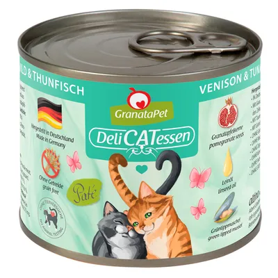 GranataPet DeliCATessen vânat și ton, produs în Germania, fără cereale, pate, semințe de rodie, ulei de in, midie cu cochilie verde, fără teste pe animale.
