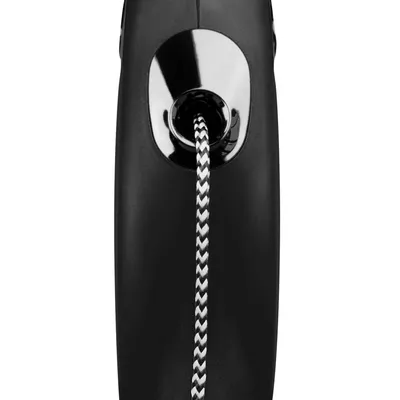 Svart hundkoppel med reflekterande mönster och ergonomiskt handtag, detaljvy av repets utgång.