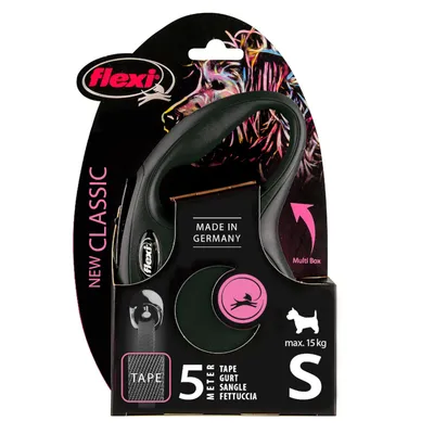 Flexi New Classic dog lead, 5 metre tape, size S, max. 15 kg, Made in Germany, Multi Box compatible.