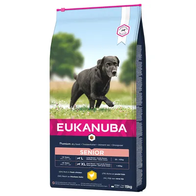 Eukanuba Senior hrană uscată pentru rase mari și foarte mari, bogată în carne proaspătă de pui. Vârste: de la 7 ani (rase mari), de la 9 ani (rase foarte mari). Pachet 15kg.