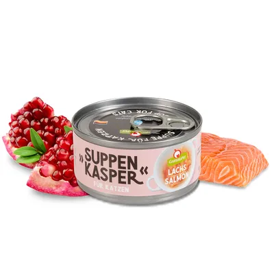 Консерва для кошек GranataPet SUPPEN KASPER Lachs Salmon, рядом кусок лосося и половинка граната. Видны надписи на упаковке на немецком и английском языках.