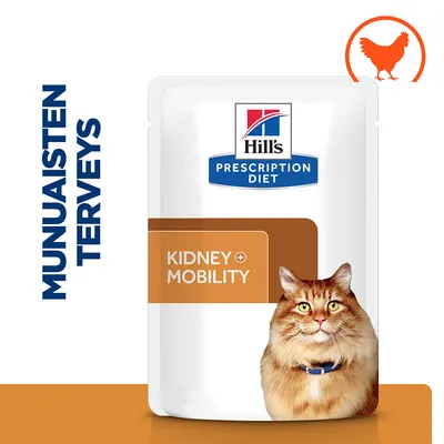 Hill's Prescription Diet Kidney + Mobility kissan märkäruokapakkaus, oranssi kana-symboli, teksti: munuaisten terveys. Kuvassa pitkäkarvainen kissa.