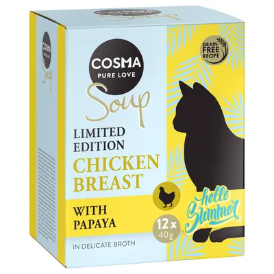 COSMA PURE LOVE Soup Limited Edition Chicken Breast with Papaya, 12 x 40 g, Grain Free Recipe, Hello Summer. Tekst na engleskom jeziku.
