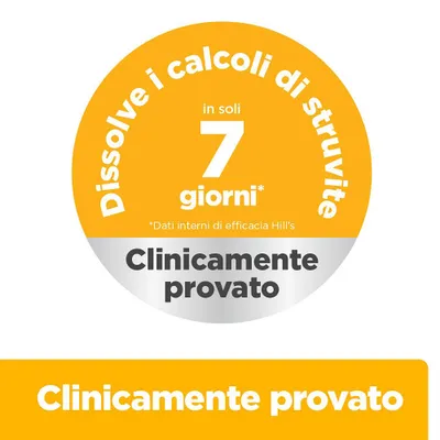 Dissolve i calcoli di struvite in solo 7 giorni. Clinicamente testato. Dati interni sull'efficacia di Hill's. Dissolve i calcoli di struvite in solo 7 giorni. Clinicamente testato. Dati interni sull'efficacia di Hill's.