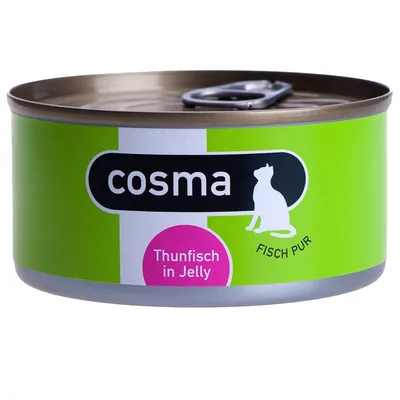 Boîte de nourriture pour chat cosma, texte visible : Thunfisch in Jelly, FISCH PUR. Emballage métallique avec ouverture facile.