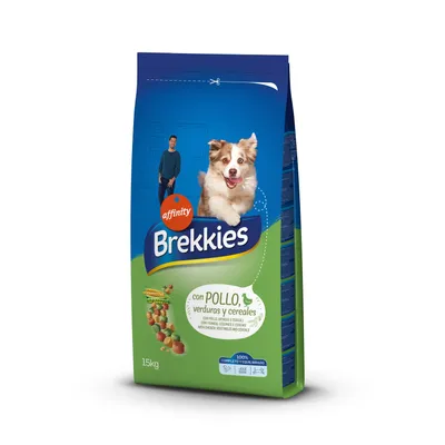 Saco de 15 kg de ração para cães Affinity Brekkies, texto visível: 'con POLLO, verduras y cereales', imagem de cão e pedaços de ração. Informação em espanhol.