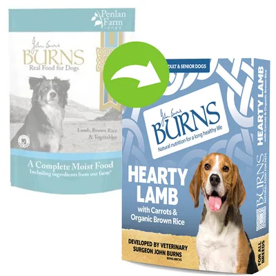 Burns Hearty Lamb with Carrots & Organic Brown Rice dog food box, showing new packaging replacing old Burns Real Food for Dogs Lamb, Brown Rice & Vegetables pack. Green arrow indicates change.