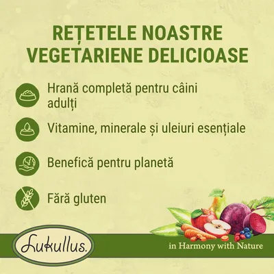 REȚETELE NOASTRE VEGETARIENE DELICIOASE. Hrană completă pentru câini adulți, vitamine, minerale și uleiuri esențiale, benefică pentru planetă, fără gluten. Lukullus.