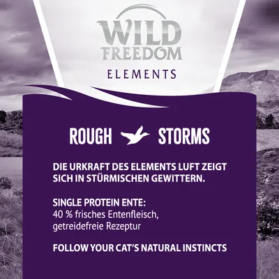 Wild Freedom Elements. Rough Storms. Single Protein Ente : 40 % frisches Entenfleisch, getreidefreie Rezeptur. Texte en allemand et anglais, informations sur la composition.