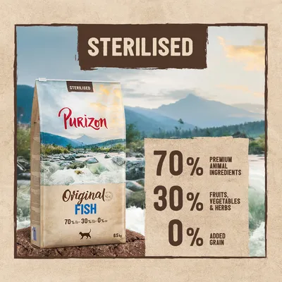 Purizon Original Fish Sterilised kattenvoer, 6,5 kg. 70% premium dierlijke ingrediënten, 30% fruit, groente & kruiden, 0% toegevoegde granen. Tekst in het Engels zichtbaar op verpakking.