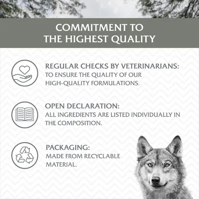 Commitment to the highest quality: regular checks by veterinarians, open declaration of all ingredients, and packaging made from recyclable material.