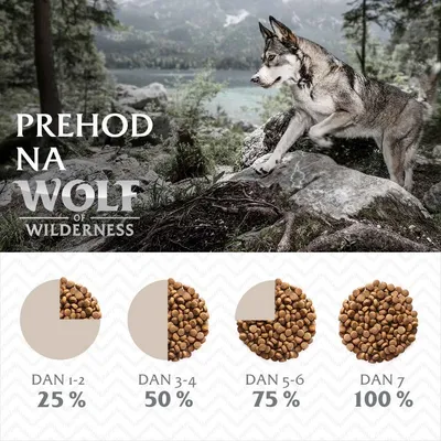 Prehod na Wolf of Wilderness: dan 1–2 25 %, dan 3–4 50 %, dan 5–6 75 %, dan 7 100 % nove hrane. Prikaz postopnega uvajanja pasje hrane z grafičnimi prikazi deležev.