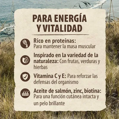Para energía y vitalidad: rico en proteínas, inspirado en la variedad de la naturaleza, vitamina C y E, aceite de salmón, zinc, biotina. Texto en español.