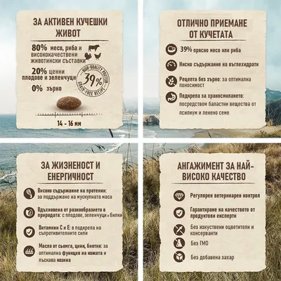 80% месо, риба и животински съставки, 20% плодове и зеленчуци, 0% зърно. 39% прясно месо или риба. Високо съдържание на протеин. Без изкуствени оцветители, консерванти, ГМО, захар.